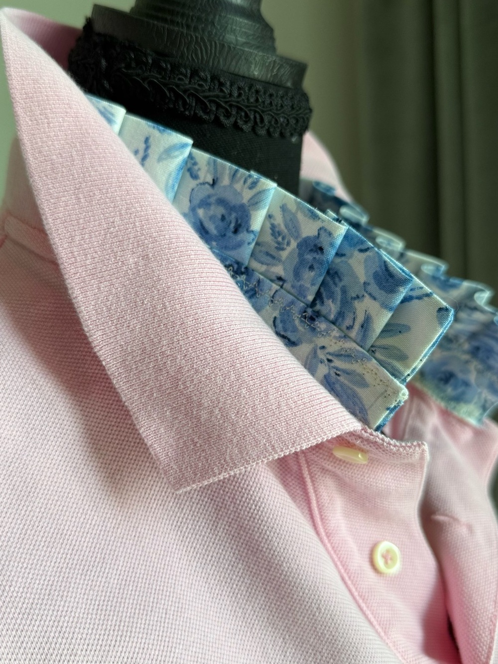 Reloved Upcycled Ralph Lauren Pink Polo with Blue Floral Ruffle